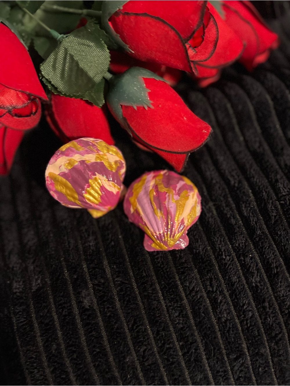 Pink and Gold Shell Earrings - Hand-Painted Pair